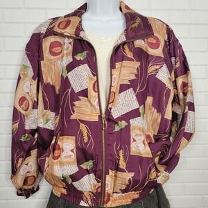 Vintage 1990s Silk Bomber Jacket Autumn Apples Novelty‎ Print Windbreaker Sz M